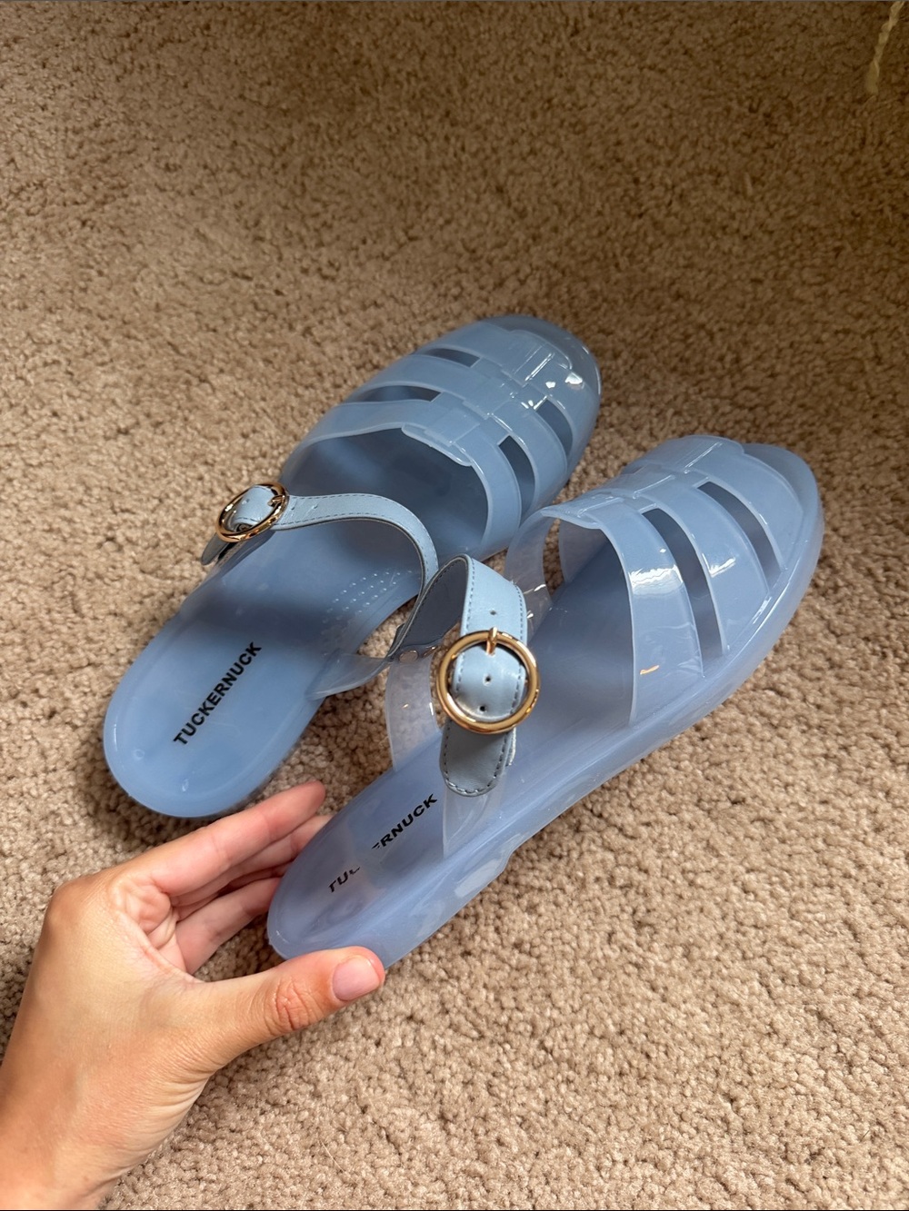 Tuckernuck Pale Blue Jelly Sandals with Gold Buckles